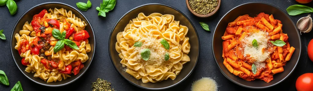 three plates of pasta with various toppings