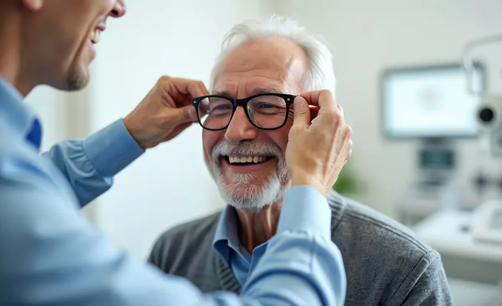 a grey-haired and bearded gentleman smiling as an eye technician fits him for glasses