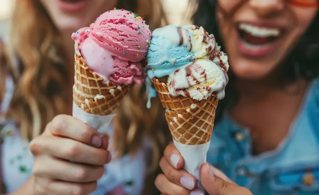 two ice cream cones in the foreground and laughing friends in the background